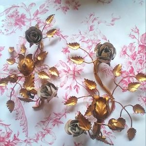 2  vintage Italian tole wall candle sconces gold/ roses